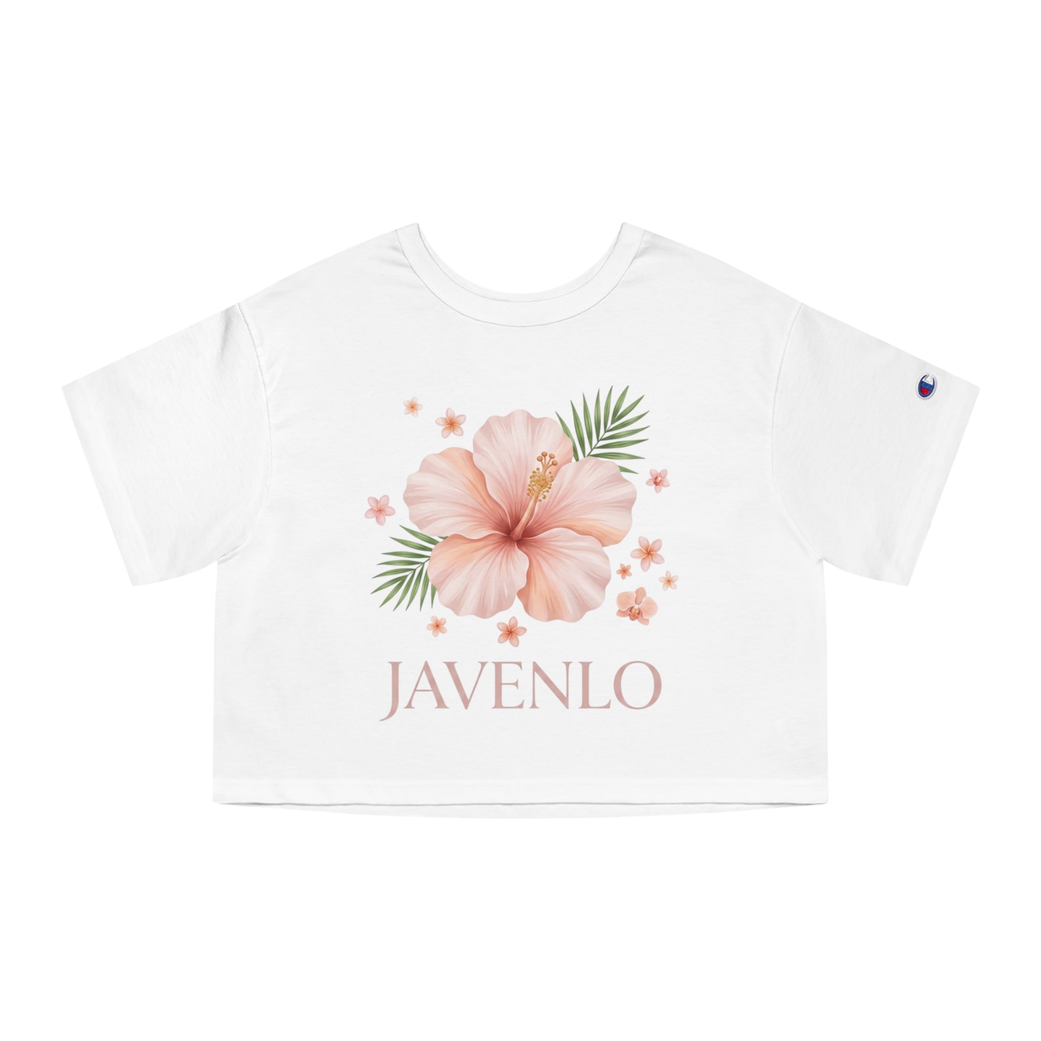 Cropped T-Shirt —Peach Hibiscus Floral "JAVENLO" Crop Tee