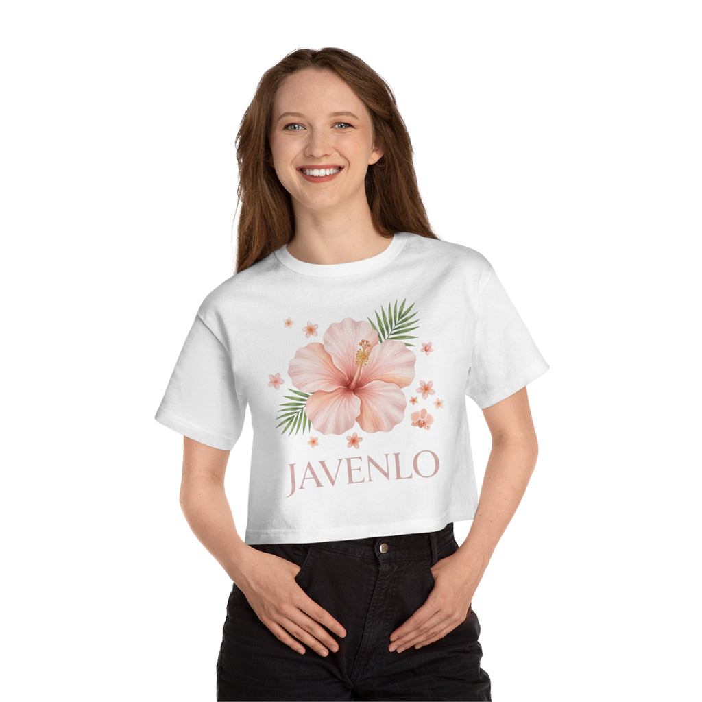 Cropped T-Shirt —Peach Hibiscus Floral "JAVENLO" Crop Tee